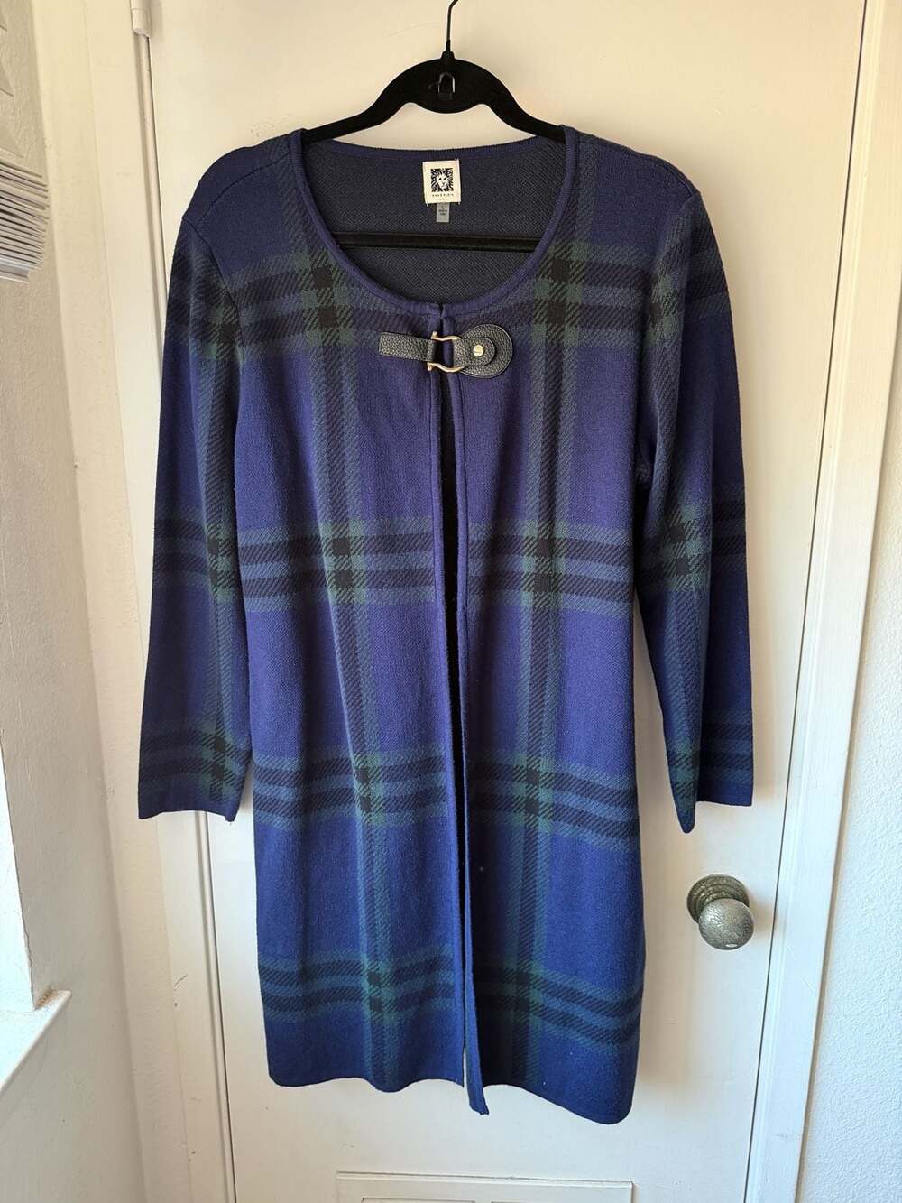 Anne Klein Blue Plaid Longline Cardigan Sweater with Faux Leather Buckle
